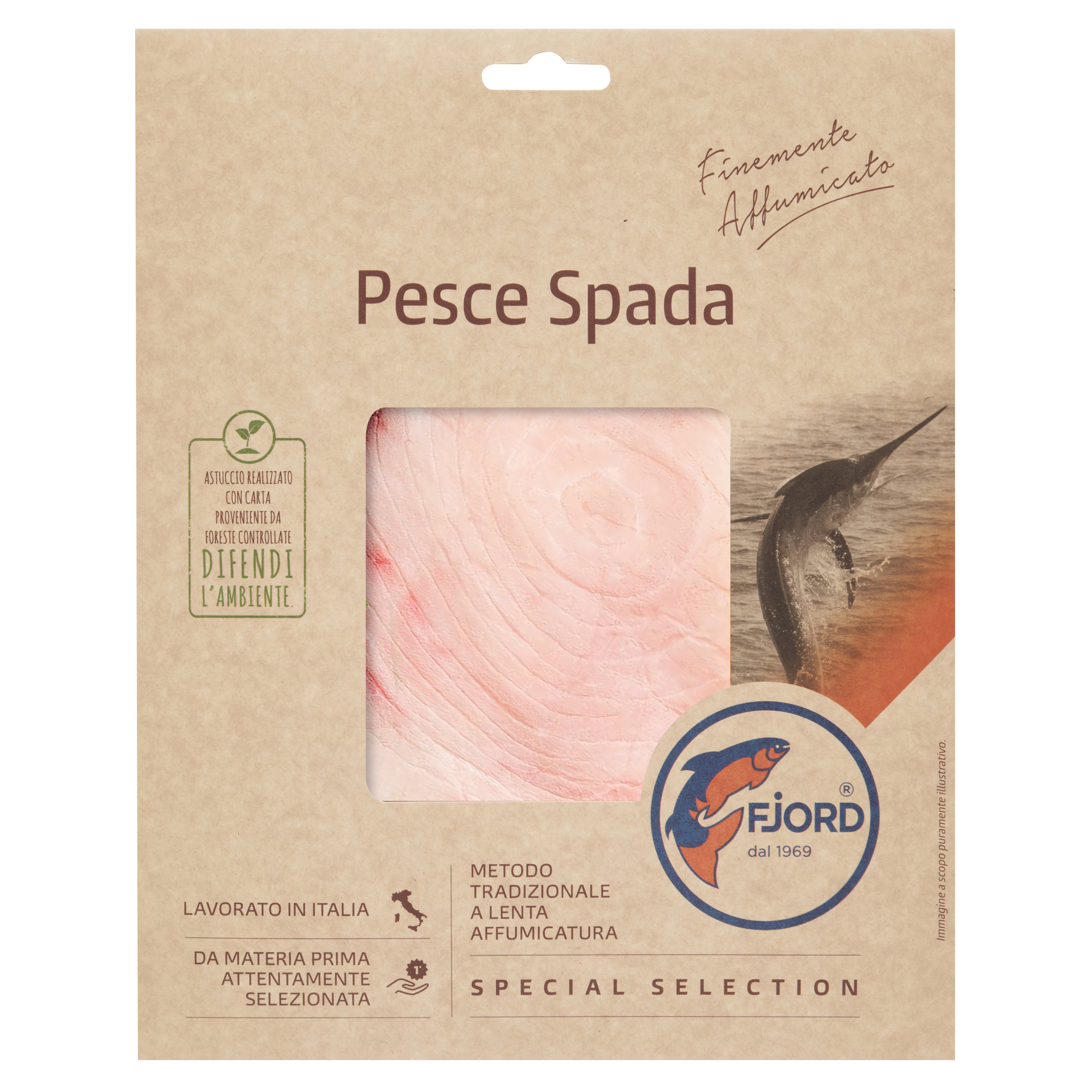 Confezione in carta proveniente da foreste controllate di Pesce Spada Affumicato Fjord 100g