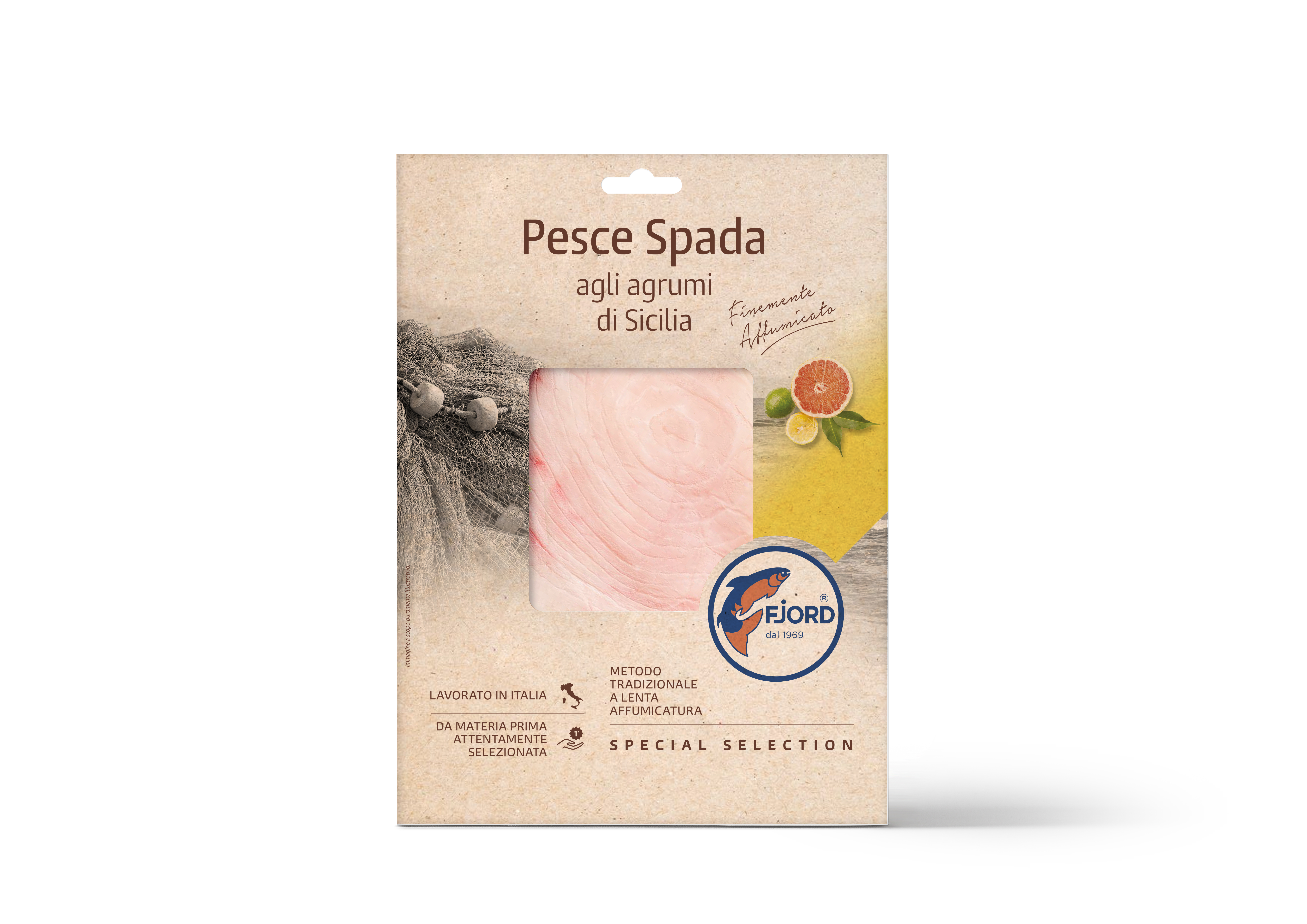 Confezione in carta proveniente da foreste controllate di Pesce Spada Affumicato Fjord agli Agrumi di Sicilia 100g