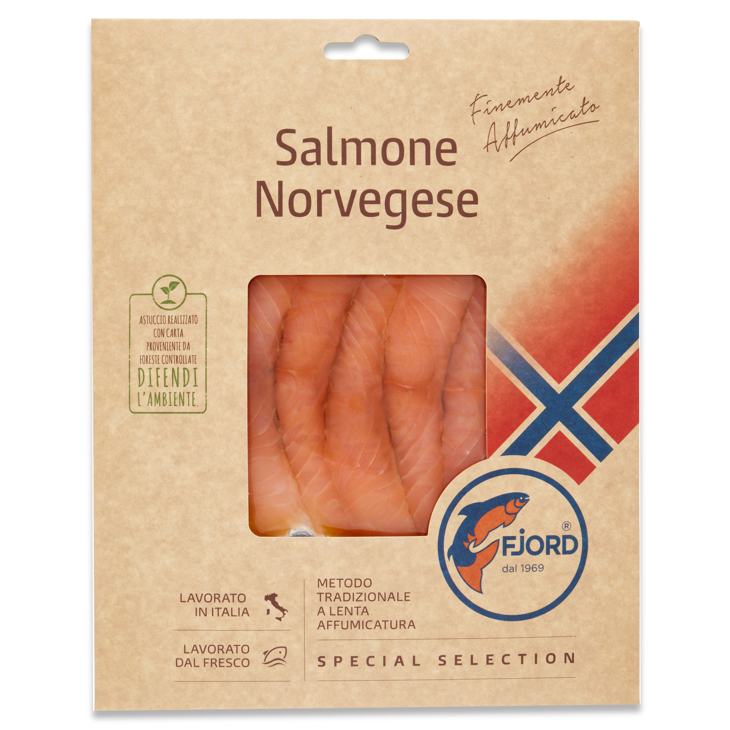 Confezione di Salmone Norvegese Affumicato in carta proveniente da foreste controllate, lavorato interamente in italia e affumicato dolcemente con pregiati legni di faggio